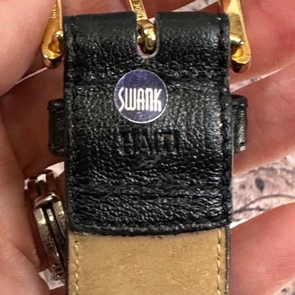 SWANK Black Leather Gold Buckle Full Grain Cowhide Lined Fashion Belt 32/80 - Picture 3 of 15